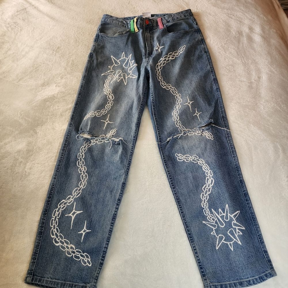 Salem7 Distressed Red Button Closure 32 Waist Denim Jeans With Graphic